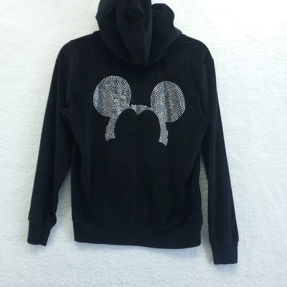 Disney Luxe Womens Black Rhinestone Mickey Ears Full Zip Track Jacket Medium